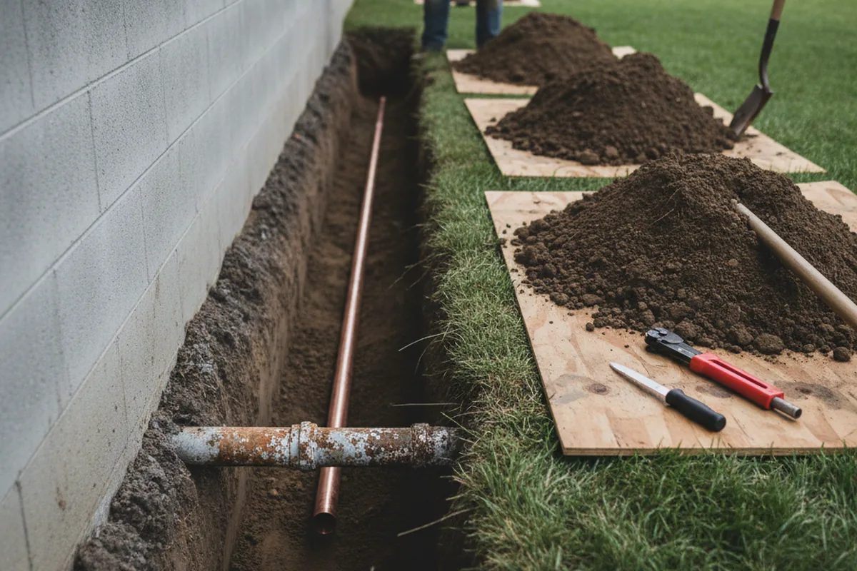 Excavated water line trench during Water Heater Repair in Roxana